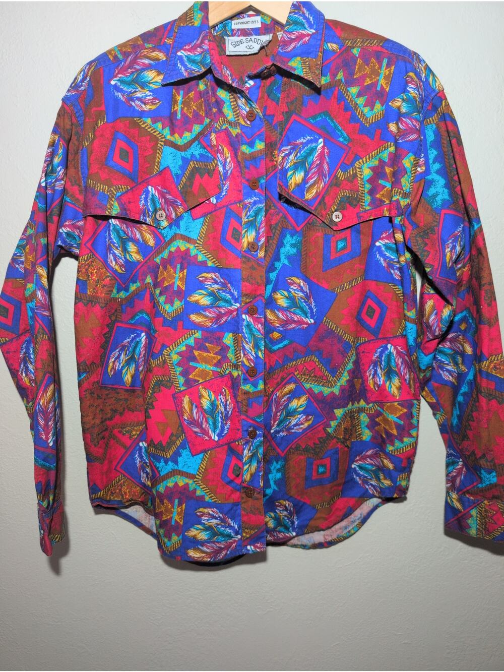 VTG Side Saddle Shirt Women's S Red Blue Cowboy Rodeo Cotton Long Sleeve Western